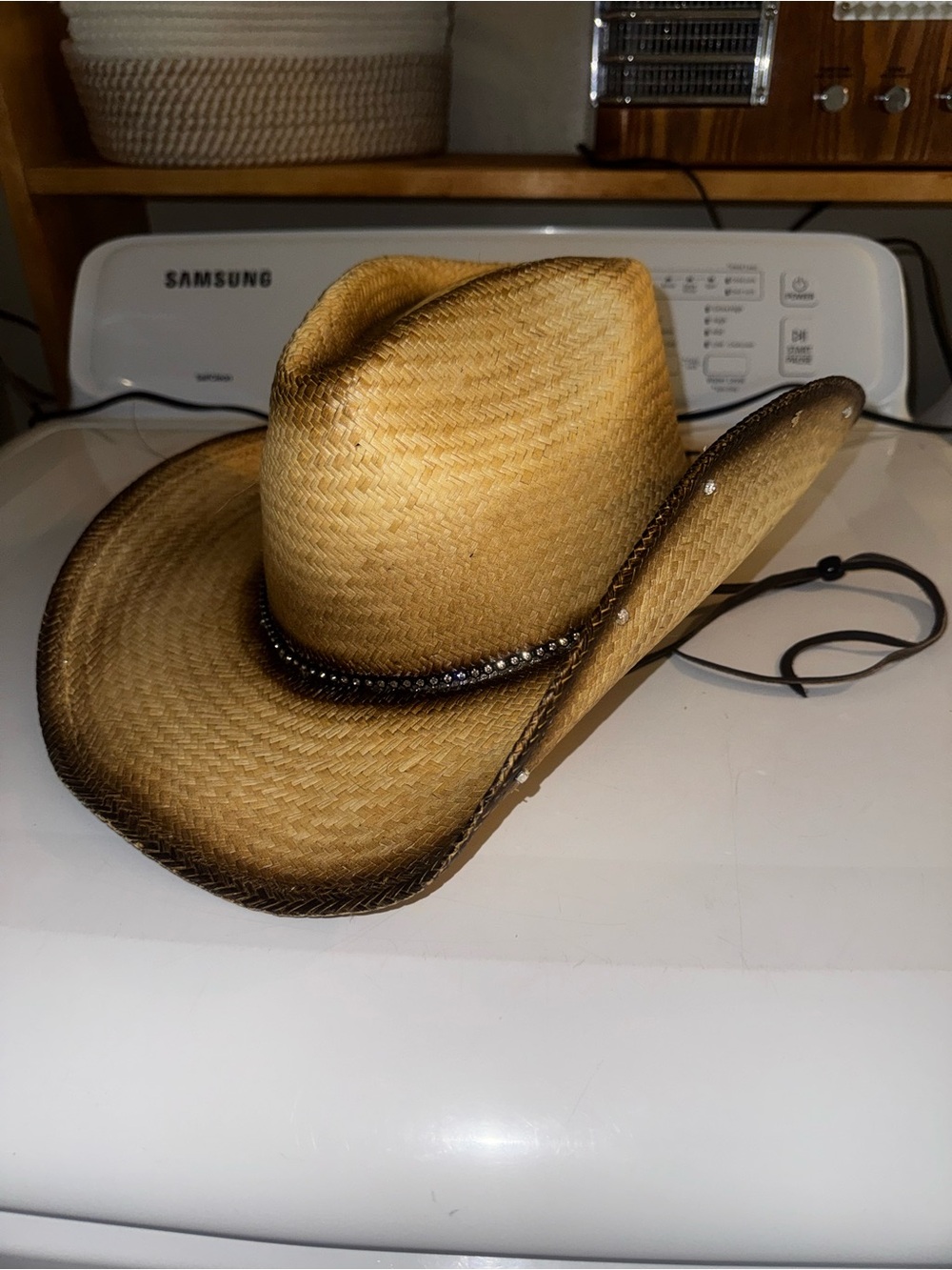 Women’s Straw Cowboy Hat in Tan with Dark Brown Trim - Picture 1 of 15